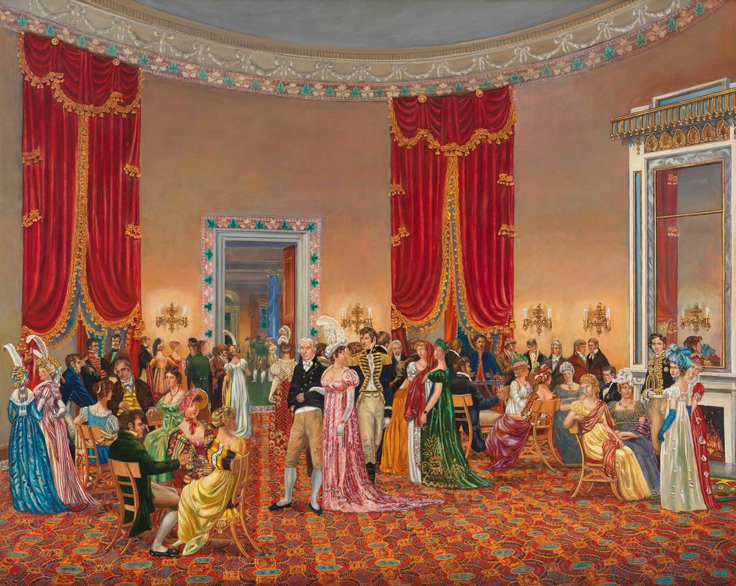 Dolley and James hosting one of their weekly gatherings at the White House