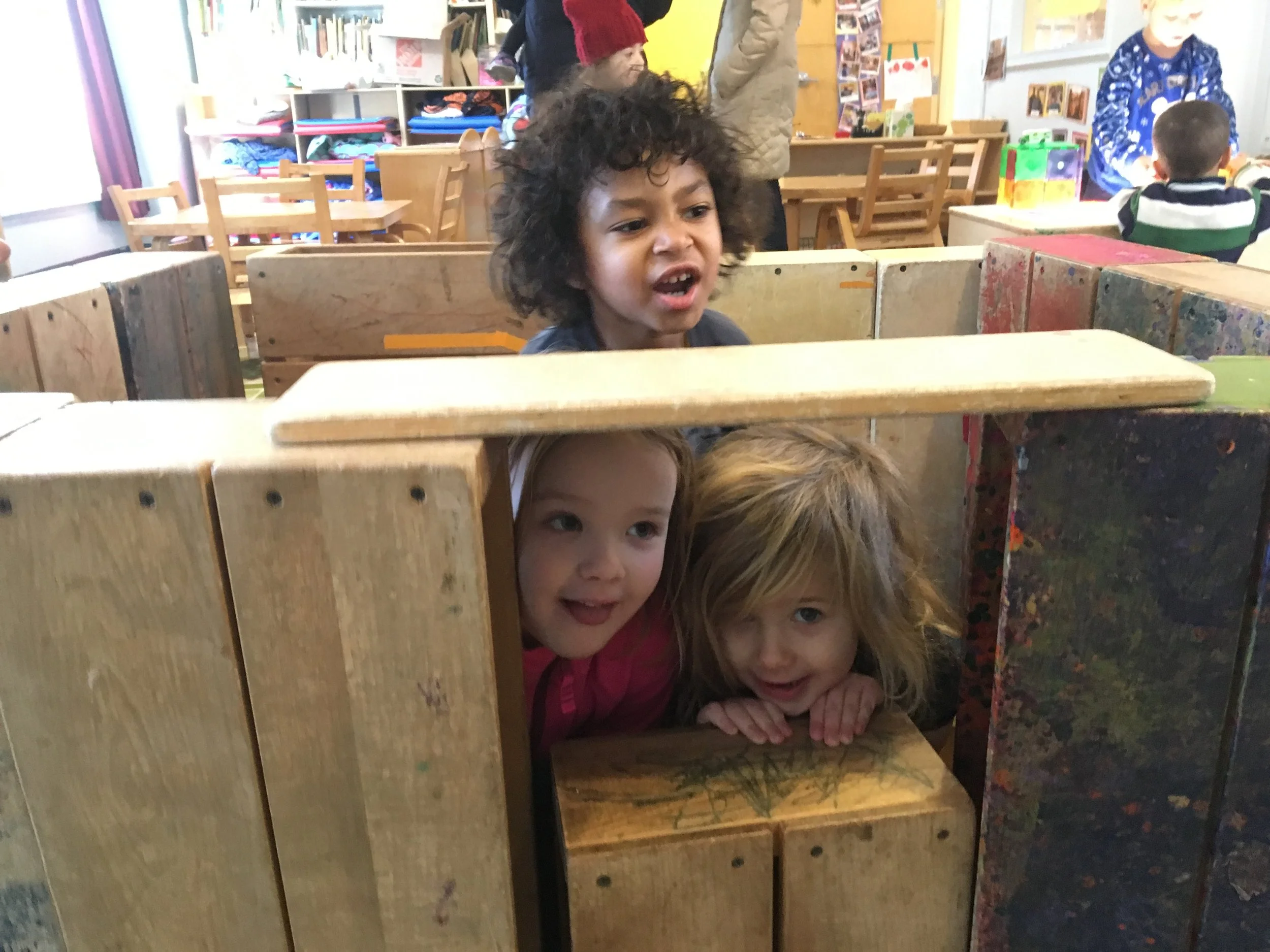 Building with hollow blocks is always a favorite in our classroom. The children use their imagination and interests to build structures which they then interact with in and on. Building with hollow blocks provides opportunities for children to develop social and language skills as well as problem solving skills, math skills and scientific inquiry.