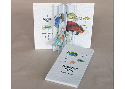 Pamela Clare Barrios, Jumping Fish; Laser-printed accordion flag-style book explores shadows and movement. 