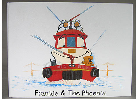   Binder: Patricia Galante. Nancy Coopersmith, Frankie and the Phoenix. Illus: M. Goldyne, and D. Farnsworth. 4G Publication, San Francisco, 2004. Fine binding in full white buffalo skin. Colored calf onlays are highlighted with acrylic paint, doublu