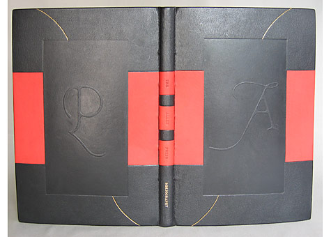 Binder: Lindsay Hague. Dorothy and Lewis M. Allen, The Allen Press. Bibliography - A Facsimile of the 1981 Publication With Leaves of Original Publications. The Book Club of California, San Francisco, 1985. Traditional laced-in full leather binding of black Chieftan with onlays of red calf and embossed covers. Paste paper fly leaves, with gold fore edge decoration. 