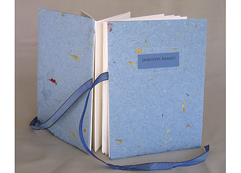 Printer/Binder: Terry Horrigan: T. Horrigan, J. Shipman, S. & N. Loux, D. Polasky Dorothy:Images Protean Press San Francisco, 2001. Accordian structure, printed letterpress on both sides in Romulus Roman and Oblique Roman types on BFK Rives with etchings by Terry Horrigan. The poems were written by Dorothy's daughter, granddaughter, and grandson. The text tells of her life from 1938 to 1997.