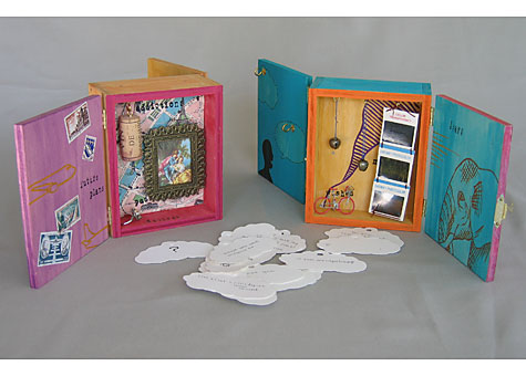 Binder/Artist: Yoshiko Catherine Hedges: Think.Speak. A pair of mixed media interactive books in which the reader is involved in creating/choosing the text. Each person chooses what their book will say, using the text that they write themselves, along with what past readers have written. The conversation changes every time the books are read.
