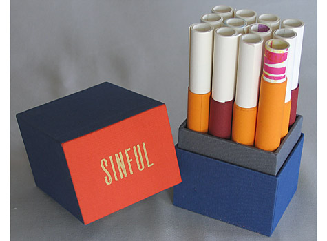 Binder: Alice Vaughan: Sinful. Archetype Press, Art Center College of Design, Pasadena, CA, 2005. Class letterpress project by ten students from Flintridge Preparatory School in conjunction with Archetype Press. The twelve letterpress scrolls include one colophon scroll. The boxes constructed by Alice Vaughan. Edition of 20.