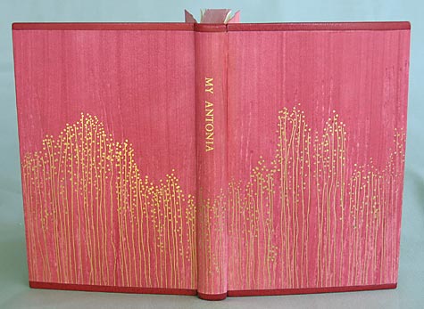  Binder: Joanne Page: Willa Cather, My Antonia, Vintage Books, Random House, Inc., NY,1994; Case binding sewn on tapes. Paste paper covers and fly leaves by the binder. Red goatskin edges on head and tail, Colored top edge with silk endbands; gold to