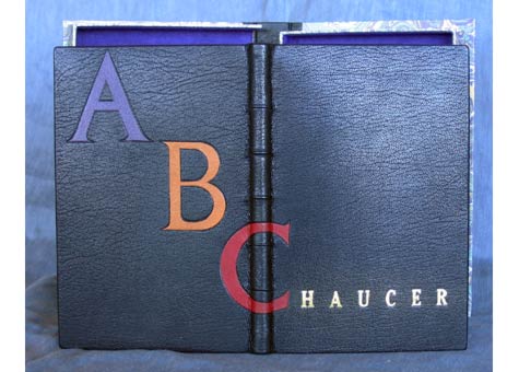 Mark Davis Flaherty, "Geoffery Chaucer's abc" by Geoffery Chaucer. Full black Oasis leather binding with raised bands, gold top, embroidered head bands, leather onlays and gilded title, decorative end-papers. Clamshell box of same leather with decorative paper and ultra-suede.