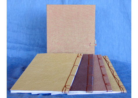  Margaret H. Johnson, "Blank Books" by Margaret Johnson. This is a set of 4 Japanese style bindings, each with a different style of sewing. They are enclosed in a textured paper-back silk wrapper and fastened with a bone fastener. 8 3/4 x 6&nbsp; 