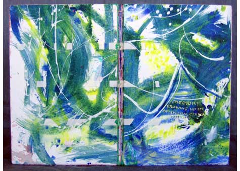 Lily Stevenson, "A memory: Growing up in Shanghai, China" 1933-1947. Sewn board binding in BFK Rives.paper. Multiple signature link stitch, linen thread over vellum and straps laced into covers. Acrylic, pastels, chalk, ink and gouache were applied to BFK Rives paper. Calligraphy was written using several sizes of hand-cut quills. Drop-spine box covered in cloth; lined with Bombay silk paper. 11 1/4 x 7 1/2 x 5/8 