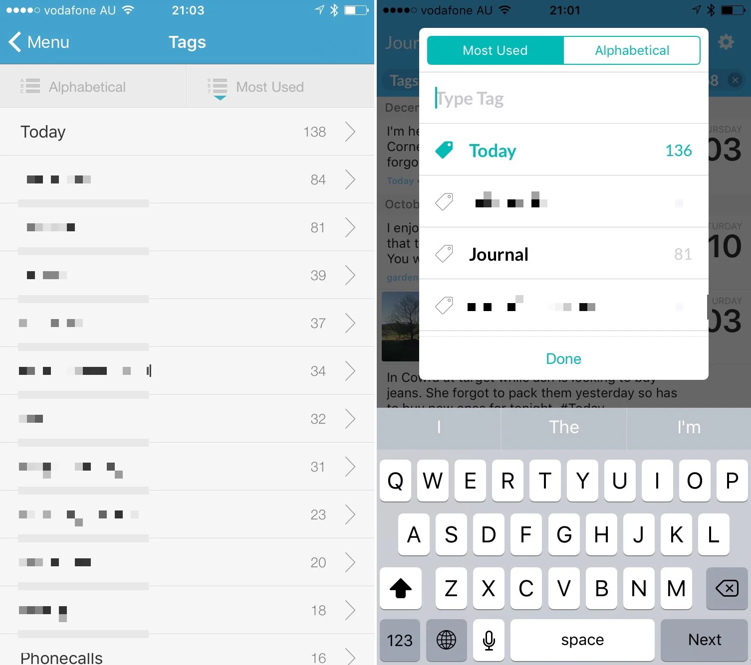 The Day One Classic tag screen on the left. Day One 2 uses a modal tag view. 