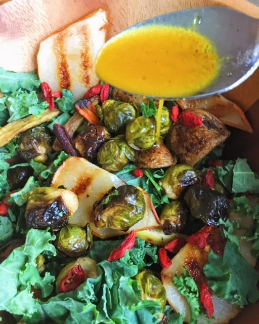 Shredded Kale Salad with Roasted Vegetables and Turmeric Drizzle 