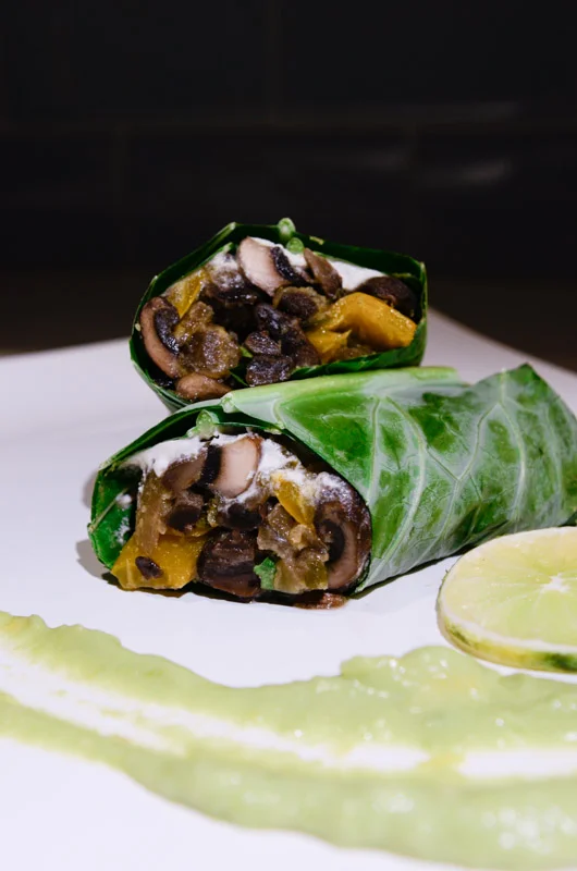 Warm Collard Wraps with Avocado Lime Dipping Sauce