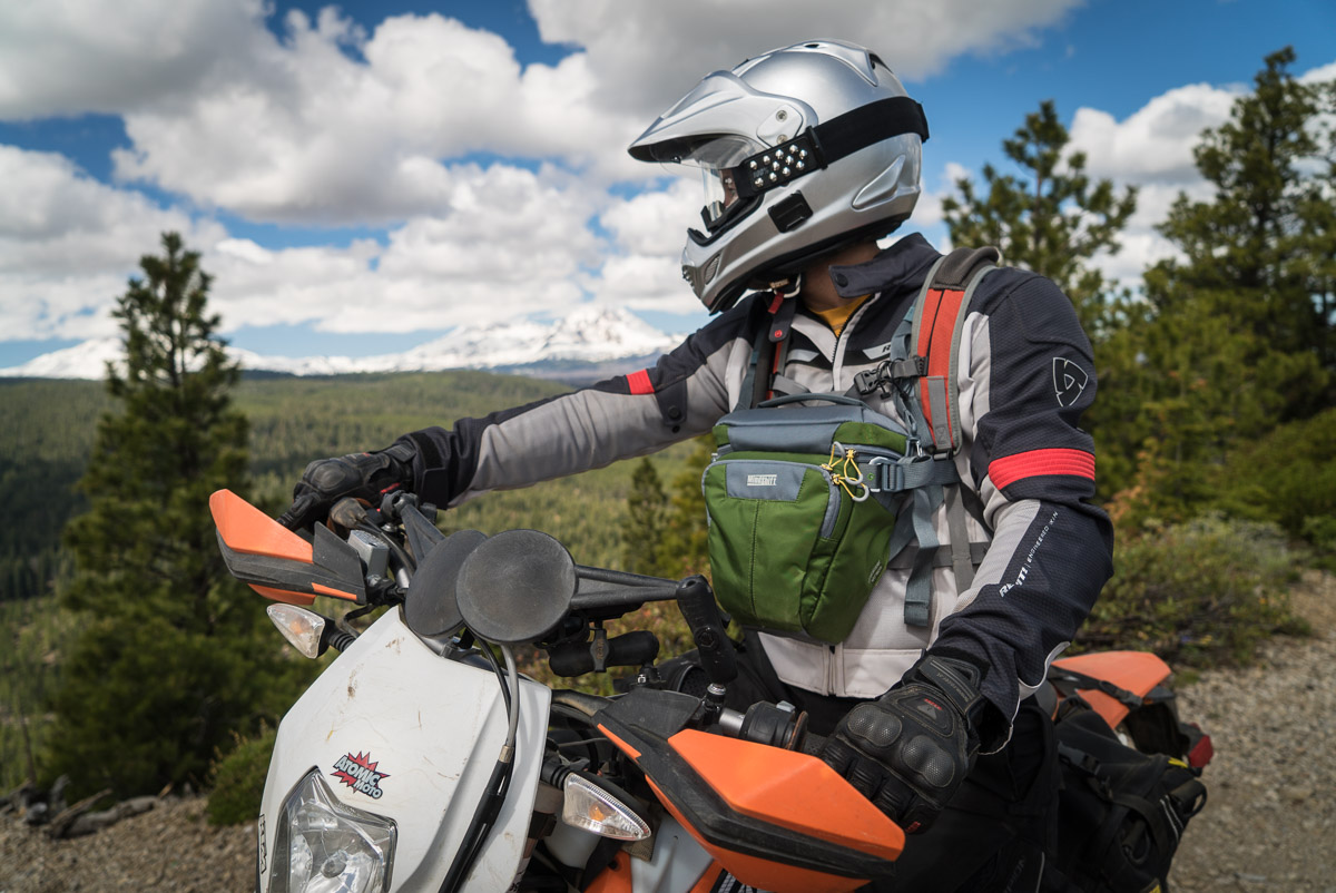 The MindShift Multi-Mount 20 hangs securely and unobtrusively from my riding pack.