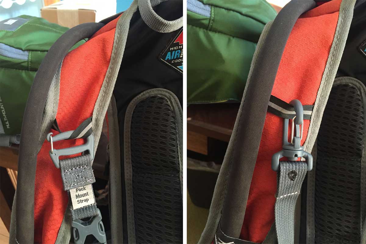 On the left is the way the strap attaches to your backpack horizontal accessory strap. I would have preferred a swivel connector like on the right (which is used on the other end of the strap to connect to the carrier).