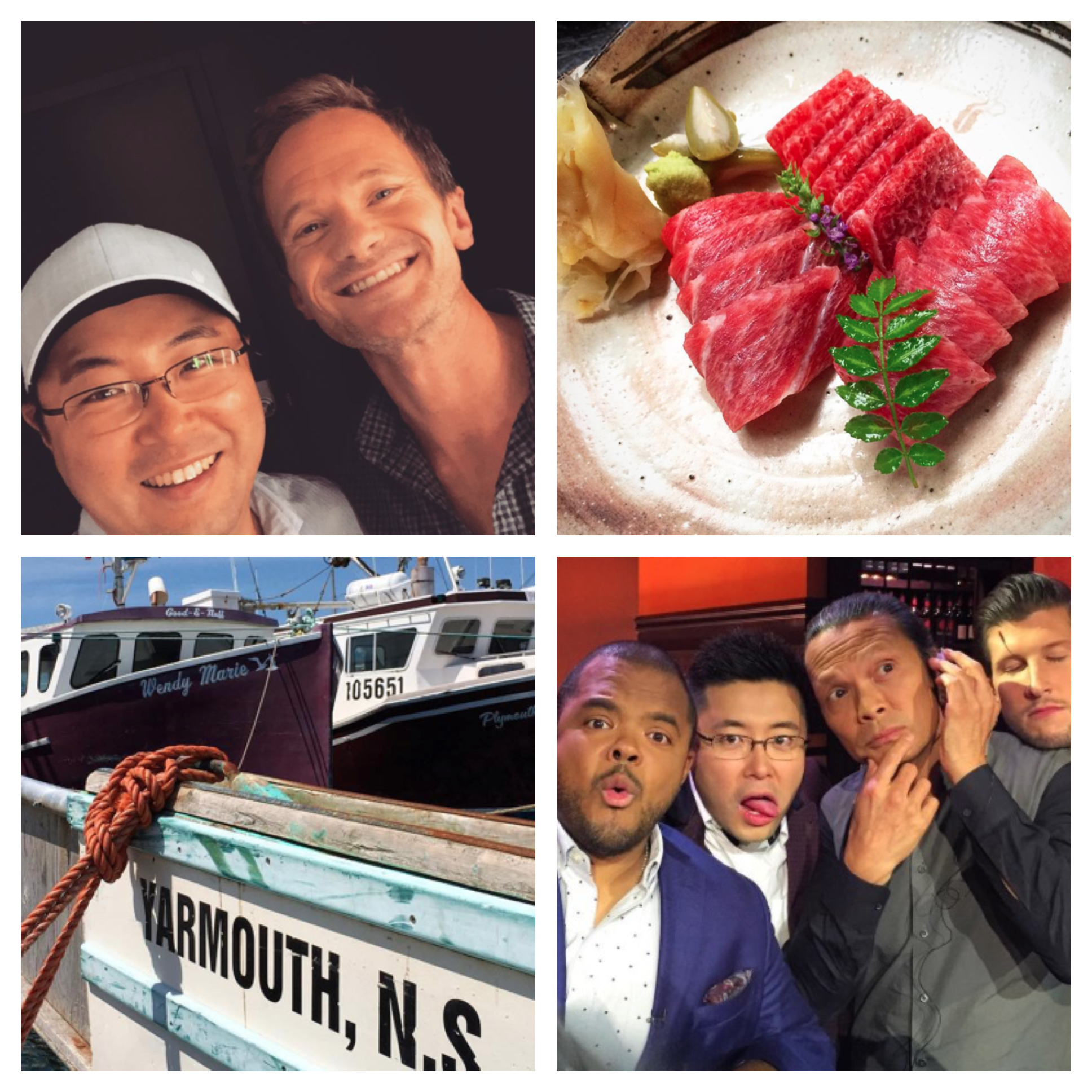 Clockwise from top left: Park and Neil Patrick Harris, a selection from Park's restaurant, Park and his fellow judges on Chopped Canada, down at the wharf in Yarmouth, NS. All images from Antonio Park's Instagram feed , which you should check out.
