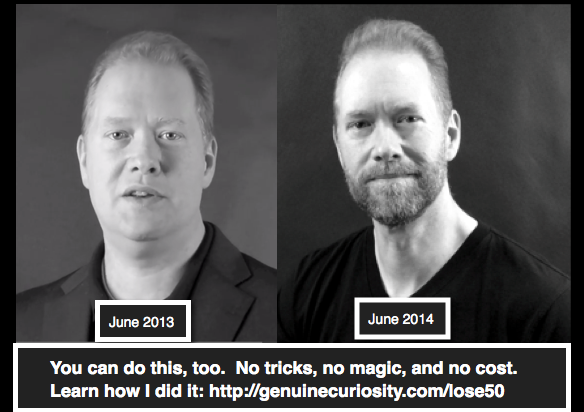 10 months into the process (I started trying to lose weight August 1, 2013), and I'm doing a good job of maintaining and sticking with my program I was just updating my photo with a new one just taken for work, and I thought it was worth updating my original post from March with a bit of data. My daughter showed me the Google search that came up with the freeze frame from a YouTube video posted last June - that's the picture on the left.