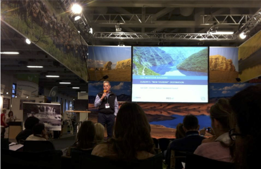 Jack Delf presenting at ITB Trade Fair. Berlin, Germany. 