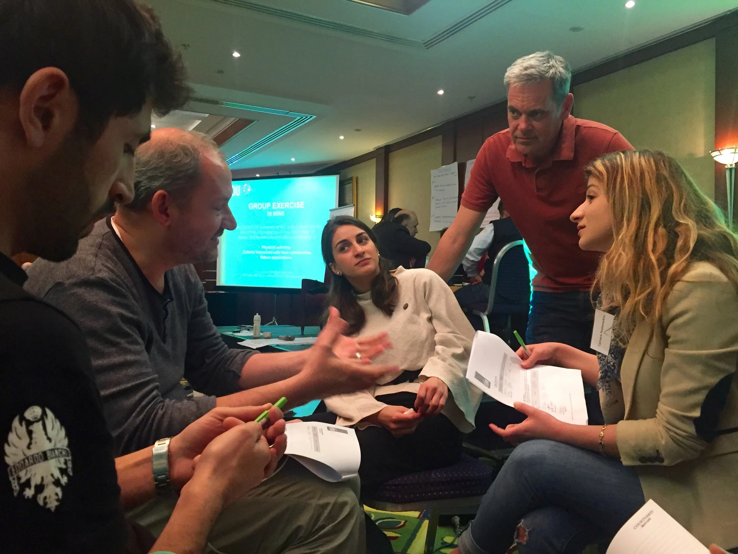 AdventureEDU participants discussing ideas around tailored marketing with the help of educator Jack Delf.