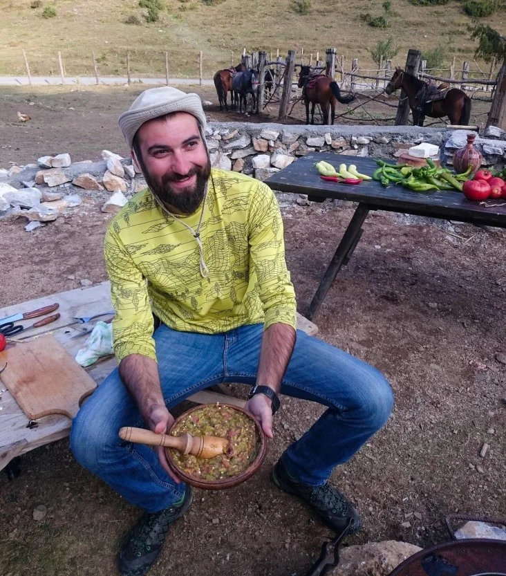 Aleksandar Donev prepares traditional pindzur, a type of relish, in the village of Galicnik after a long day of horseback riding on Bistra Mountain, Mavrovo National Park, Macedonia - Novagenus