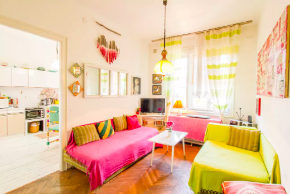Situated next to the Romanian embassy 15 minutes from Skopje’s old town, Maxime’s two-bedroom apartment has room for six guests. There’s a sunny terrace off of the kitchen, which also has a dining table. The bathroom has a washing machine, and one of the bedrooms is perfect for kids.