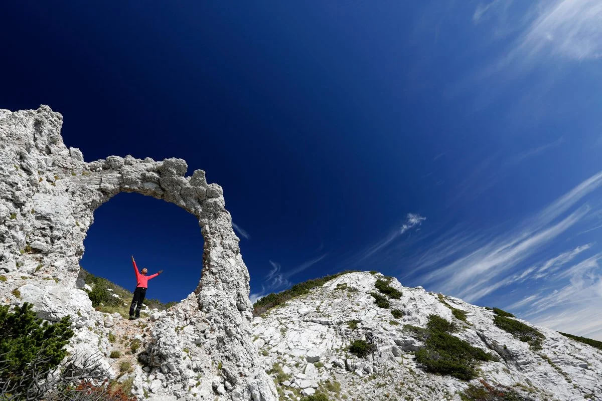 Hajducka Vrata (a.k.a. the ‘Rebel’s Door’), about 6,500 feet up Mount Cvrsnica in Bosnia and Herzegovina. You’ll get there on Day 9. (Courtesy of Mountain Travel Sobek/Elma Okic)