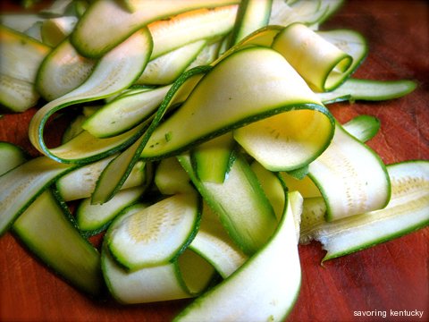 Fresh zucchini ribbons, ready for a flash in the pan