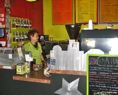 Pat Gerhard behind the counter at Third Street Stuff, Lexington, Kentucky