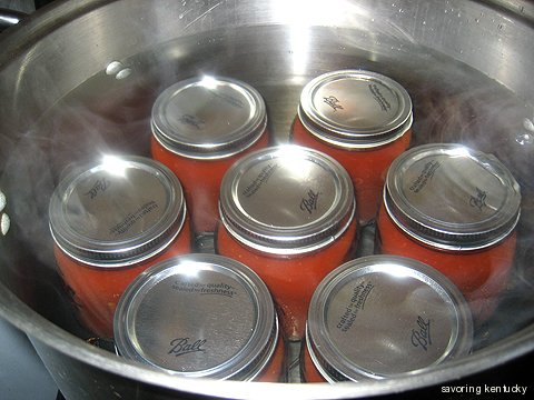 Ketchup jars in the hot water bath