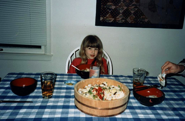 Karen's daughter, now 22, enjoying homemade chirashi sushi