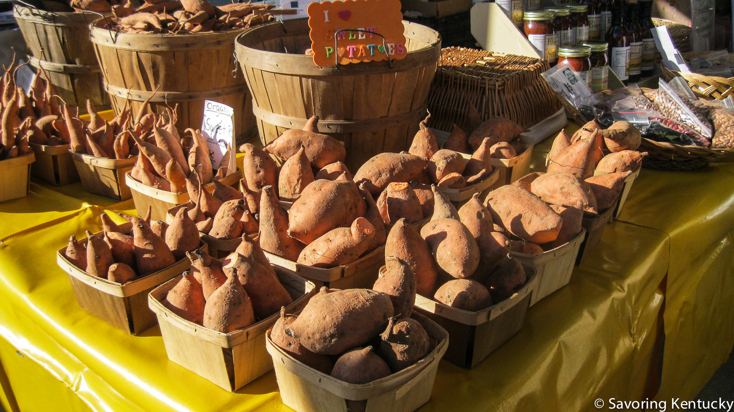 Some opening day veggies, like these organic sweet potatoes from Elmwood Stock Farm , bridge the gap between winter and spring.