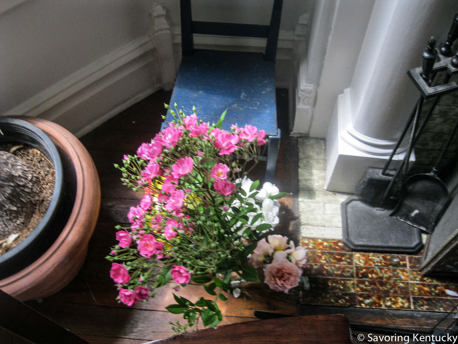 My grandmother Rona's rose, a polyanthus type, cut long as Teresa Biagi of Hazelfield Farm advises. Sidekicks of Abraham Darby rose and fragrant mock orange.
