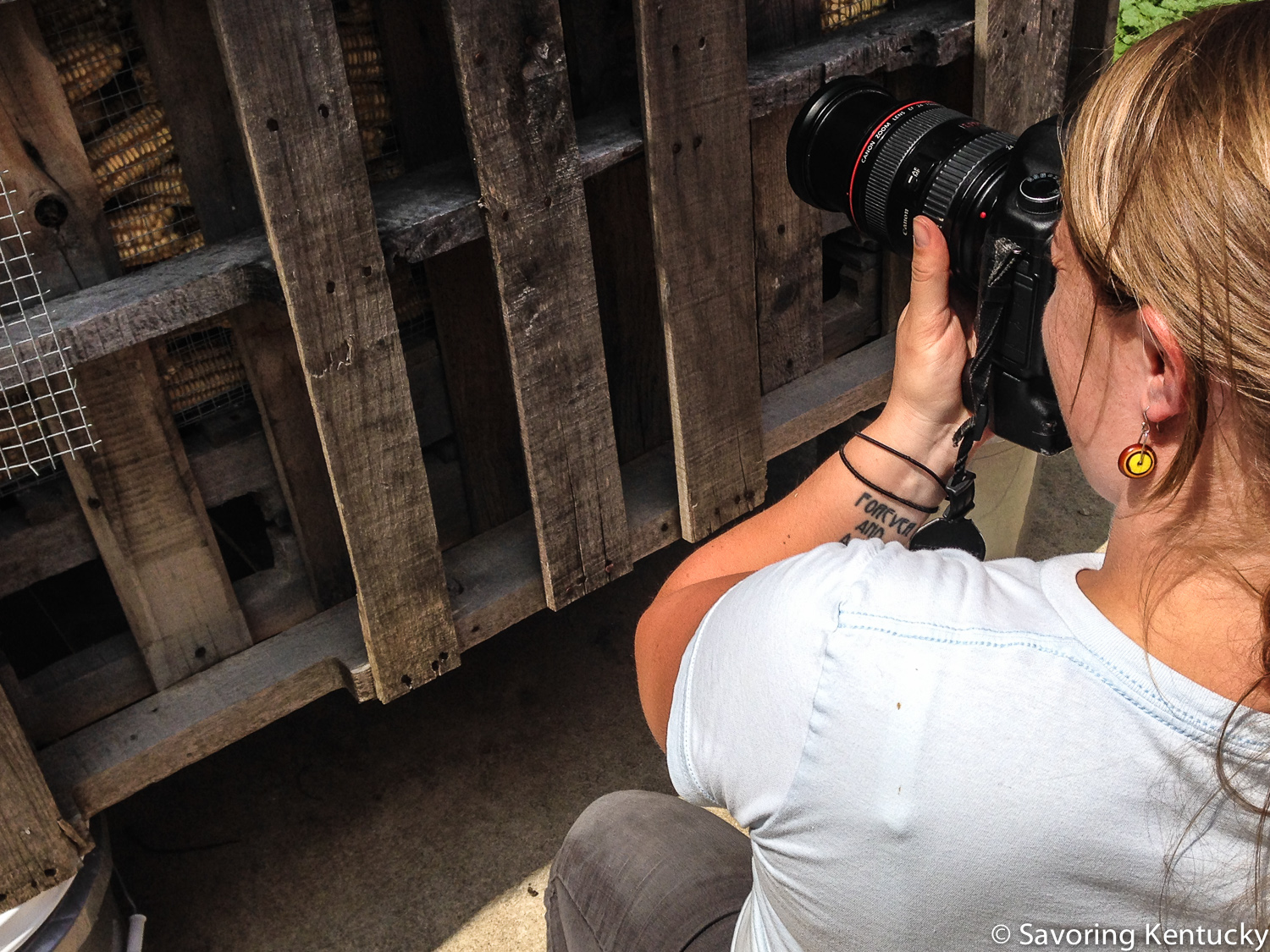 Sarah Jane interrogating the interior of Sunflower Sundries' crib, a storage space for heritage Hickory King corn.