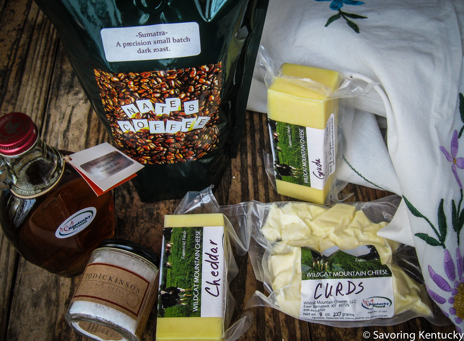 Country Rock maple syrup, Nate's Coffee (Sumatra), Wildcat Mountain cheeses from East Bernstadt, Kentucky, and J. Q. Dickinson salt from Malden, West Virginia