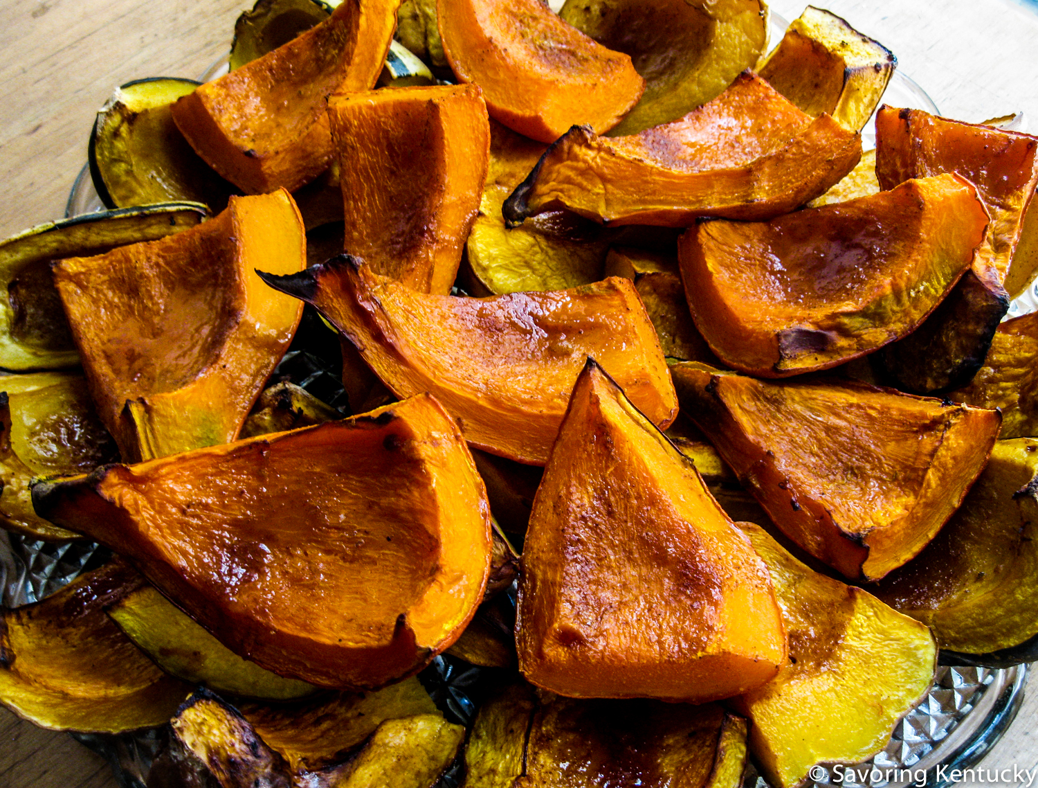 The finished squashes, edges very slightly crispy and caramelized.