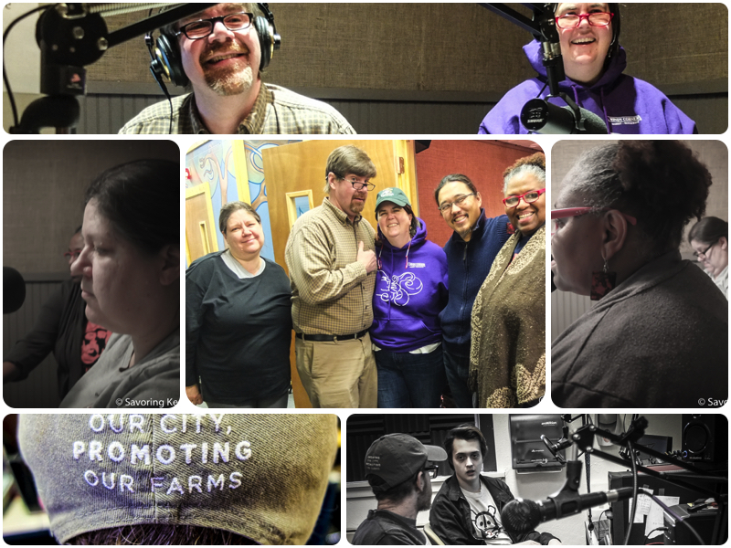 Fun at WLXL studios. Clockwise from top right: Chris Michel, Ouita Michel, Crystal Wilkinson, Wills, Hap Houlihan, good politics, Sherry Hall. Center: Sherry Hall, Chris Michel, Ouita Michel, Dan Wu, Crystal Wilkinson