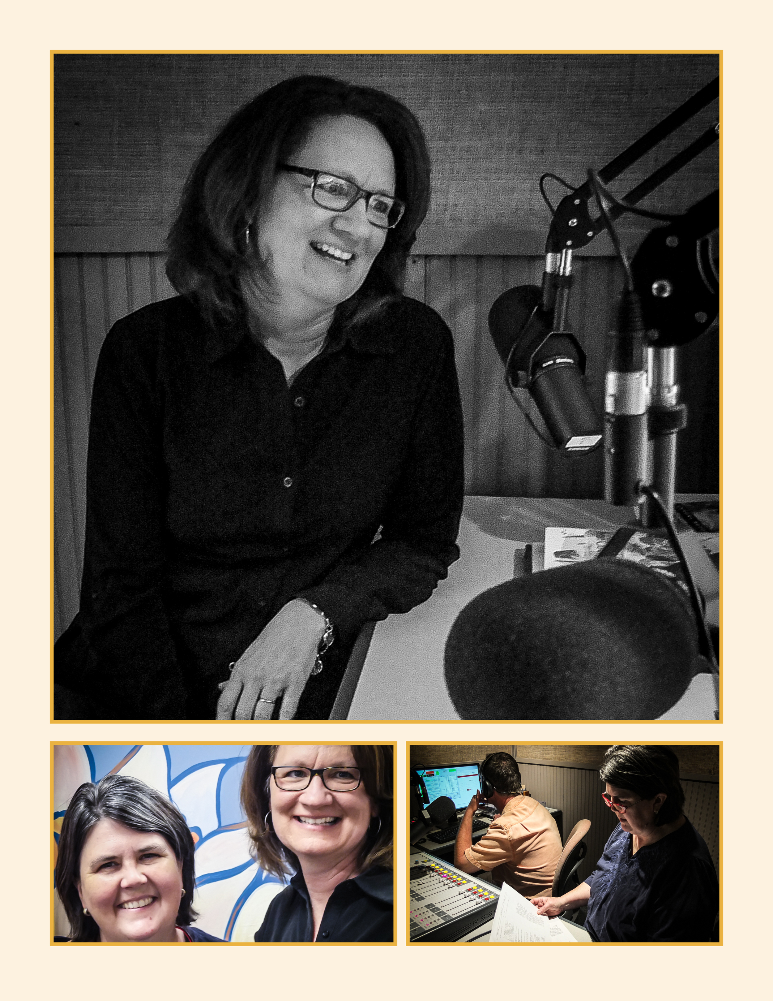 Top: Maggie Green in the WLXL studio. Bottom left, Ouita Michel and Maggie Green before the show. Bottom right, Chris and Ouita Michel prepare, with three minutes until showtime.