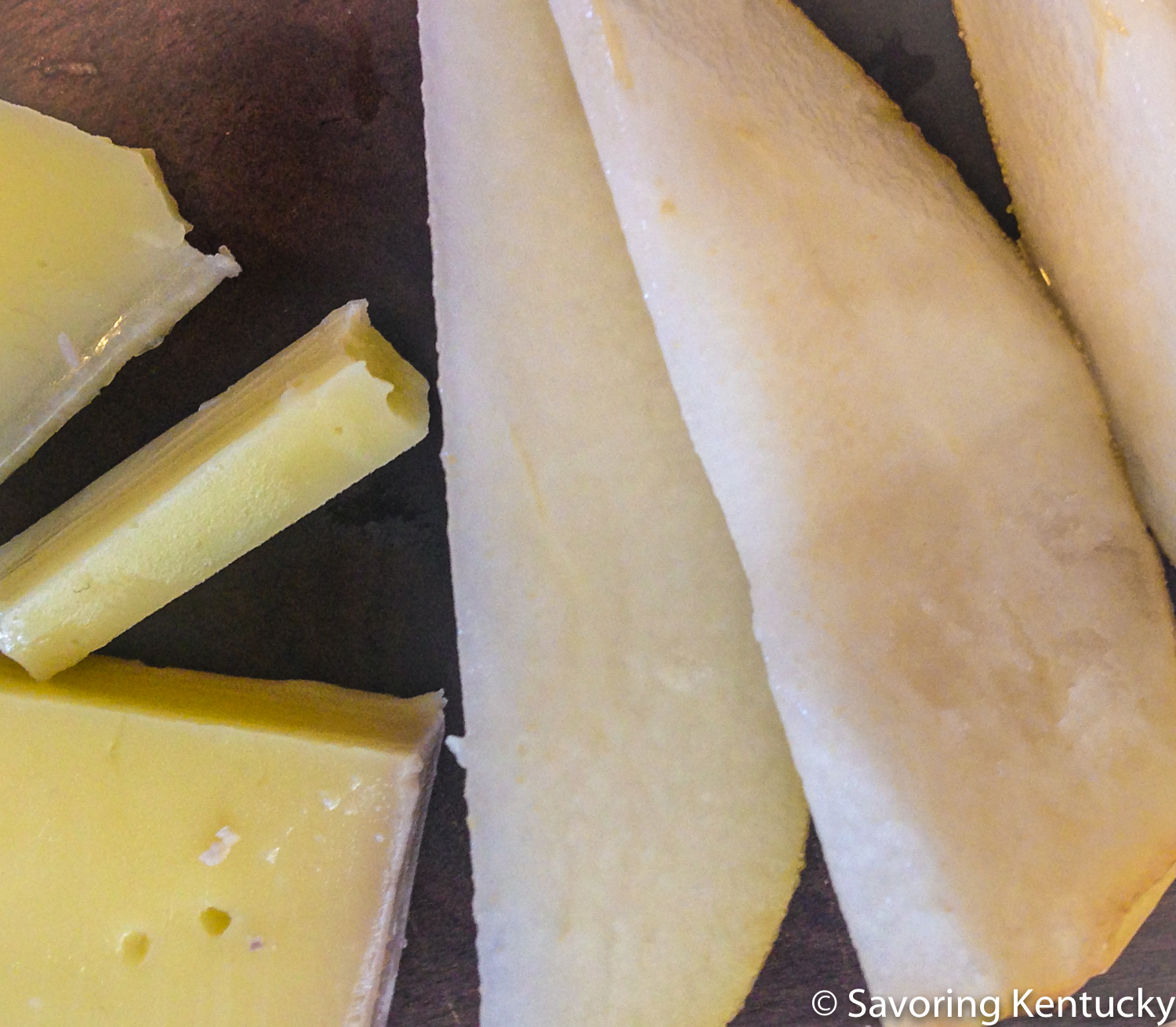 "LeShae" cheese from Heavenly Homestead , left, plus Harrow Sweet pear from Reed Valley Orchard equals heavenly sweetness (and savor), all from Kentucky's wonderful land and growers.