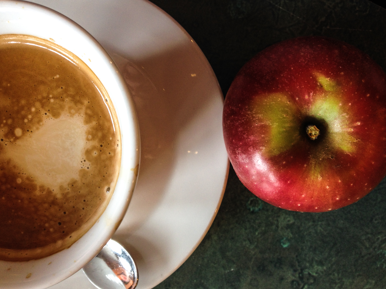 Sunrise Bakery Americano (two shots of espresso plus hot water and a bit of cream) and Reed Valley Orchard Stayman Winesap apple