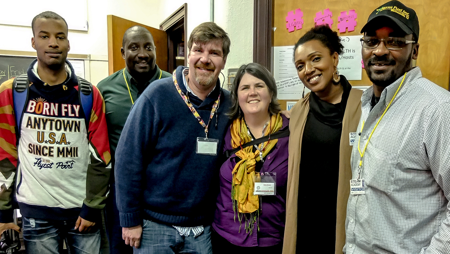 Quite a crew outside the toasty WLXU studio at Lexington Community Radio : from left, Matthew, a videographer/intern from the University of Kentucky, Teheran Jewell, Chris Michel, Ouita Michel, Shanika Chappell of International Center of Kentucky in Bowling Green, and André Barbour.