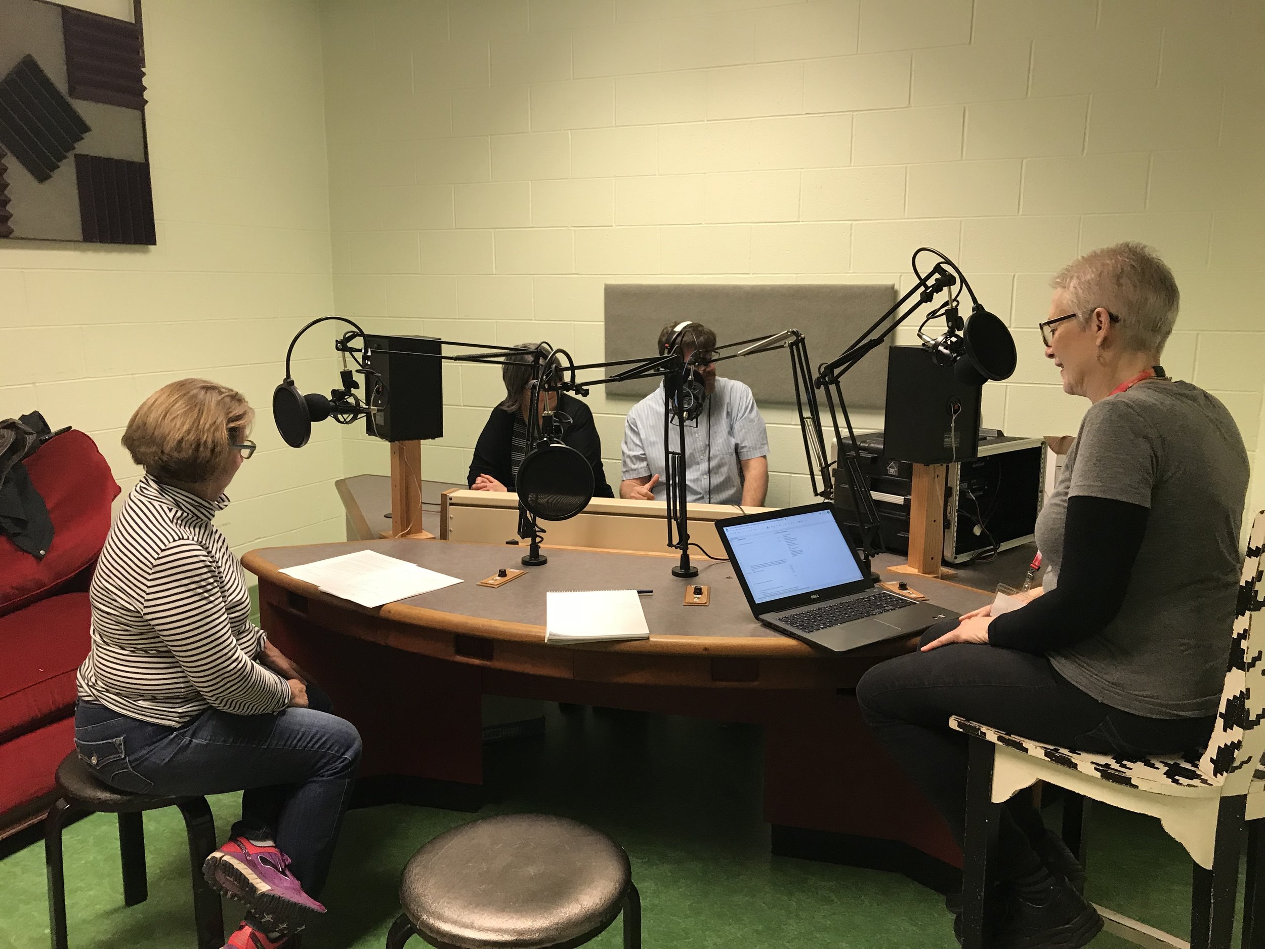 In the Lexington Community Radio studio at the Lyric Theater: from left, Lee Ann Jones, Ouita Michel, Chri Michel, Rona Roberts. Photo credit: Lisa Munniksma
