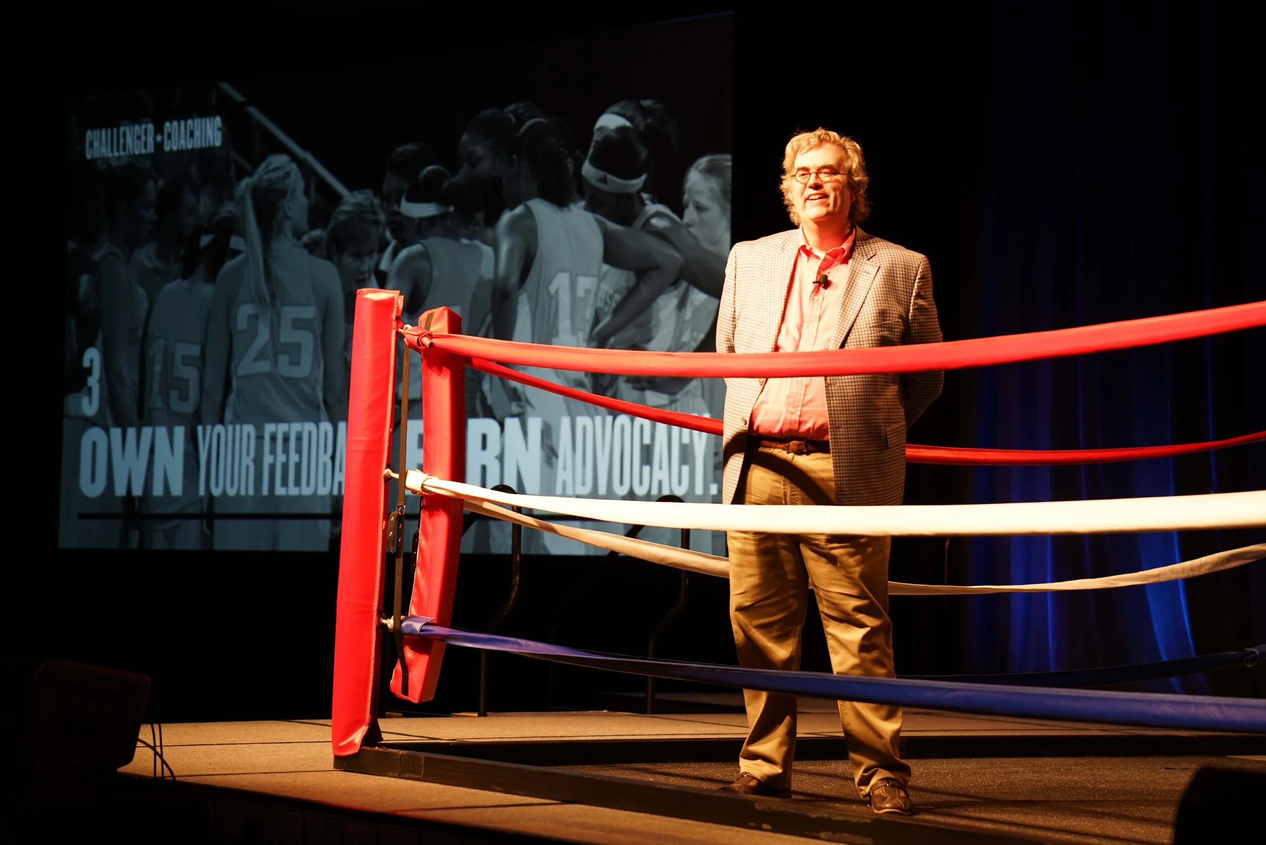 All speakers presented from the ring, including IBM Executives and the Boxing Coach, Kim Carlson pictured in the top image.