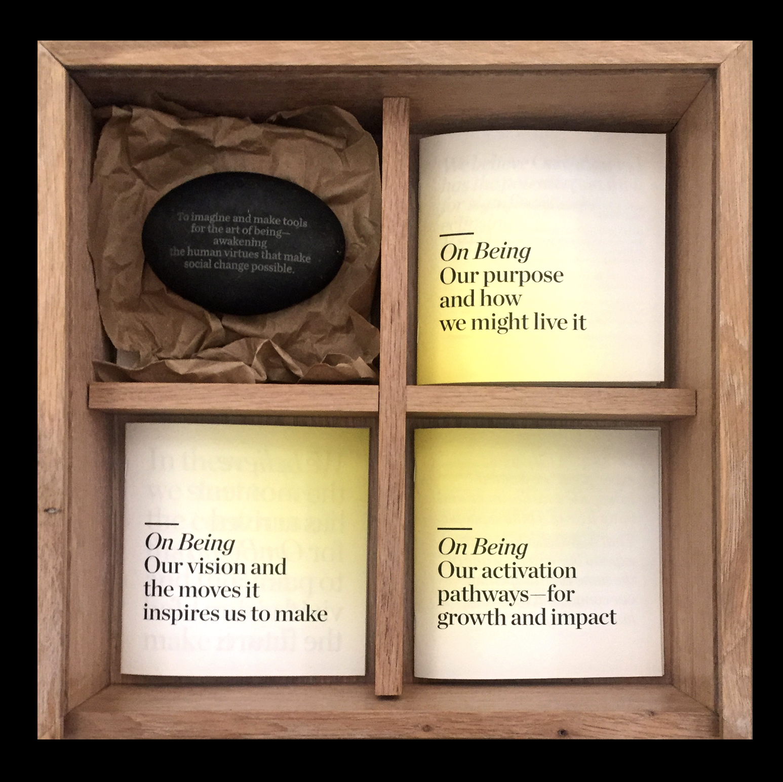 We presented purpose, visions and a variety of activations in small booklets, fitting into a custom box. Our preferred purpose was engraved on a stone.