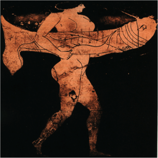 Woman carrying a phallus painted on ancient Greek vessel c. 480 - 450 BC