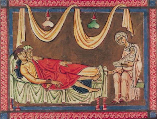 Marriage of Hosea and the Prostitute , Bible of Saint André au Bois, Bibliothèque municipale de Boulogne sur Mer, 12th century