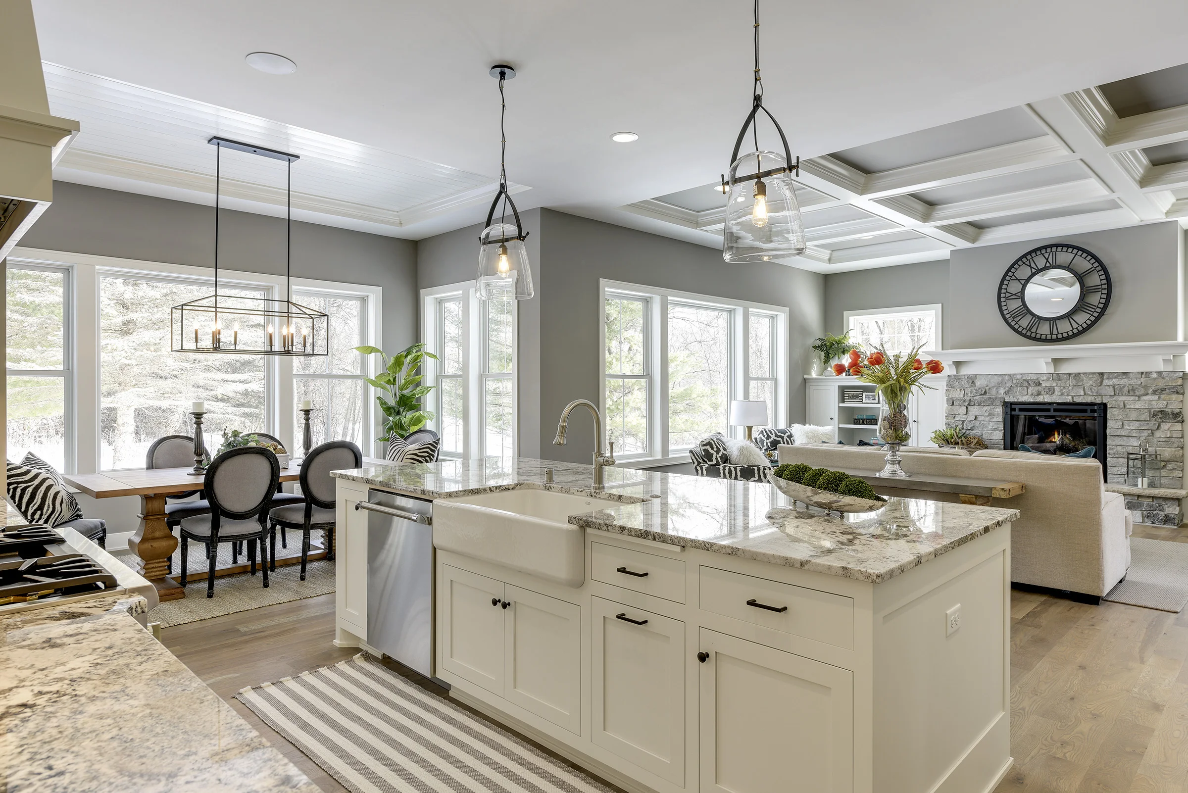 A colorful centerpiece in the middle of a large space can really brighten up the whole area.