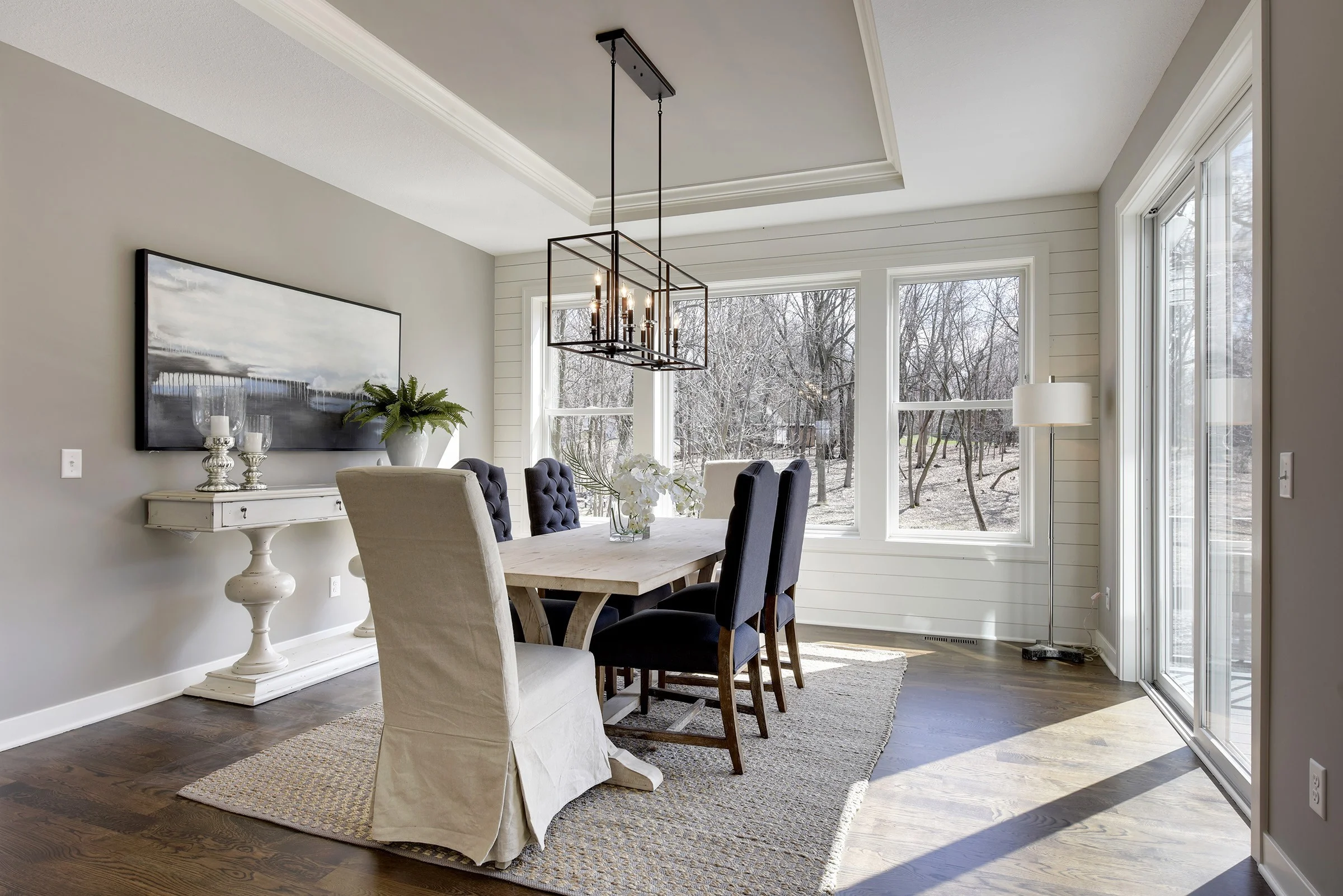 White floral arrangements go well with a soft colored room.
