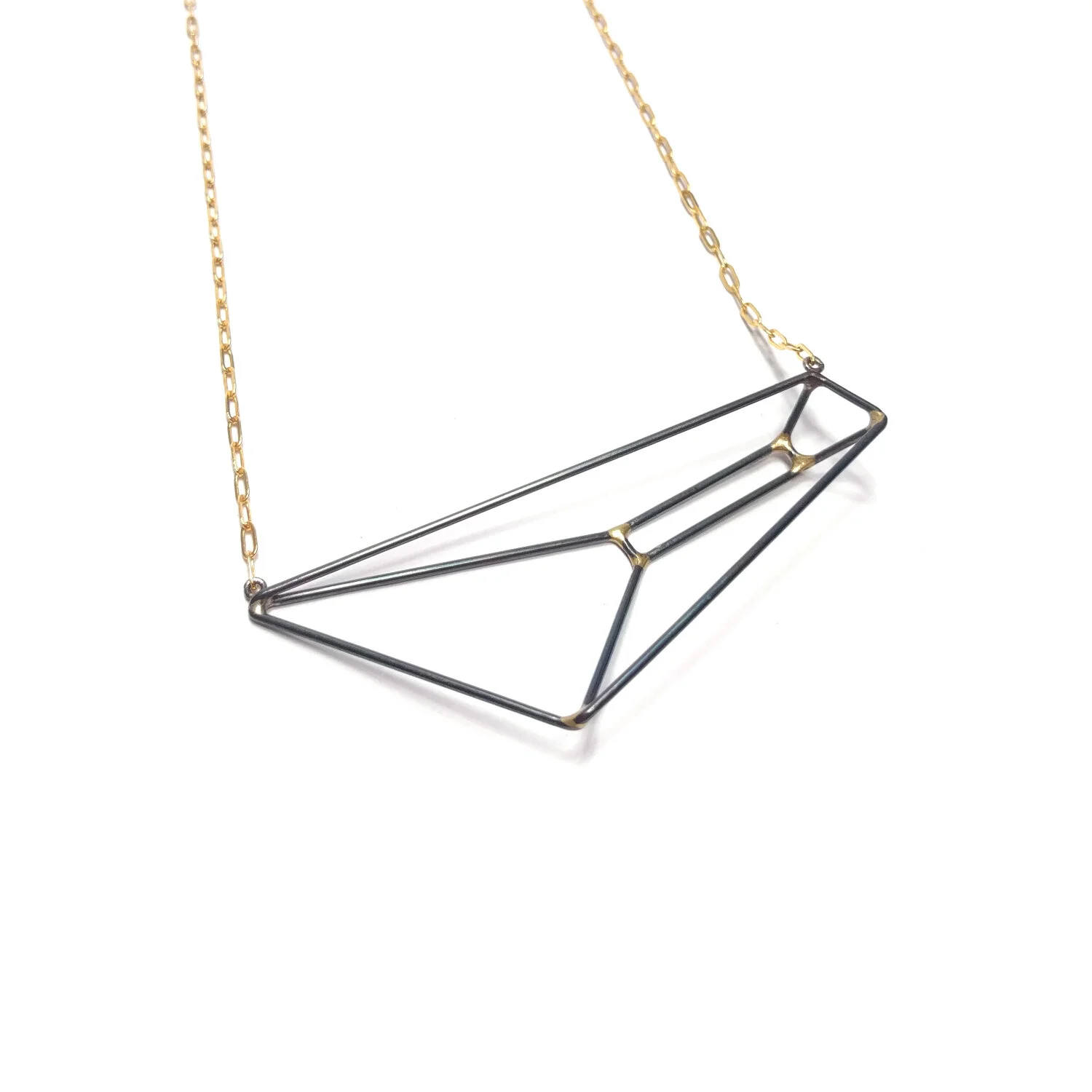 Trapezoid Landscape Necklace Long Black Steel Gold Plate Chain 2.JPG