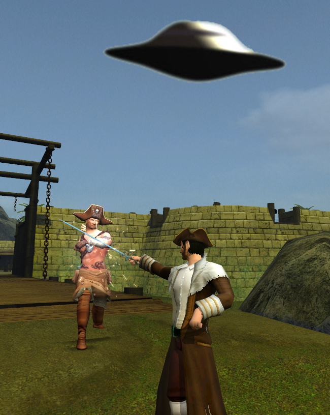 An Alien Saucer hovers over a fencing duel, ready to abduct the victor!