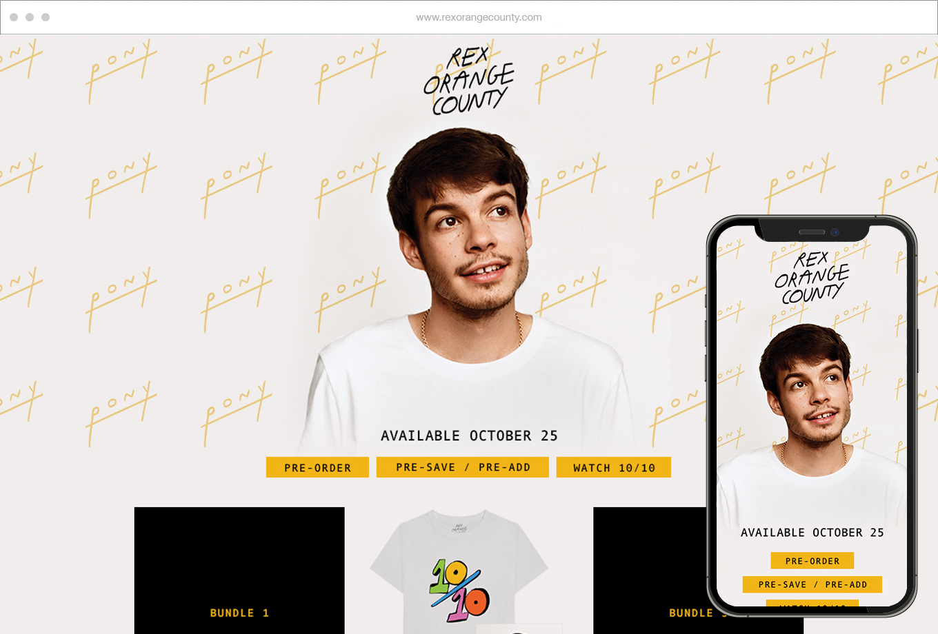 Website screenshot featuring a man with brown hair in a white shirt, with a background and phone displaying a similar image, promoting a product release available October 25, with pre-order, pre-save, and watch options. The backdrop has a repeating yellow 'pony' logo and text 'REX ORANGE COUNTY' handwritten style.