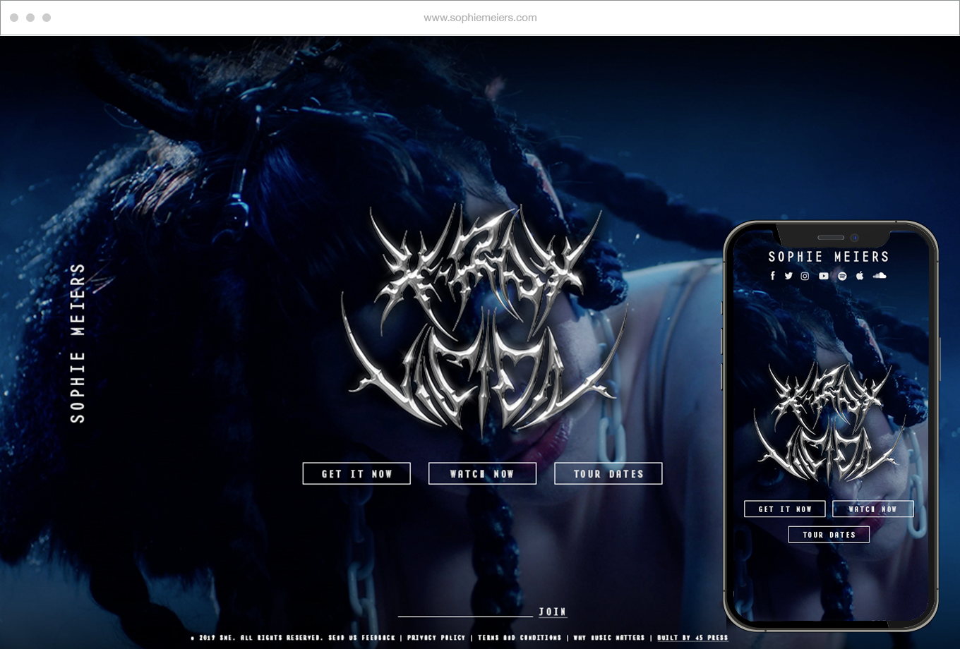 Website homepage featuring a dark, blue-toned photograph of a woman with dreadlocks, wearing earrings and a chain, with a logo that reads "Sophie Meiers" in a metallic, sharp font. Buttons for "Get It Now," "Watch Now," and "Tour Dates" are displayed below. The mobile view of the site is also shown.