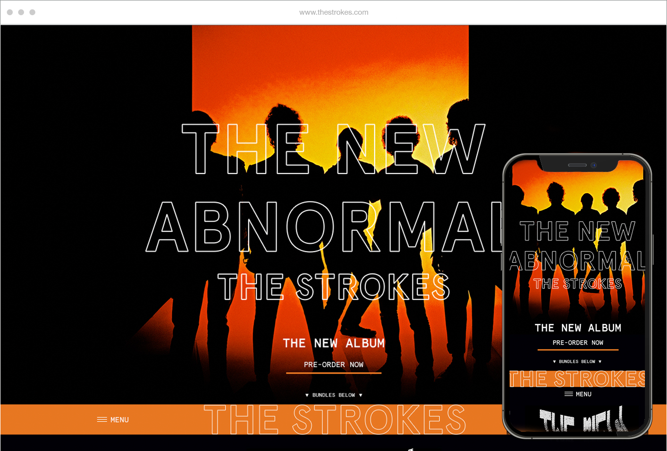 Silhouetted group of five people standing against an orange and yellow sunset background, with overlay text promoting the album 'The New Abnormal' by The Strokes.
